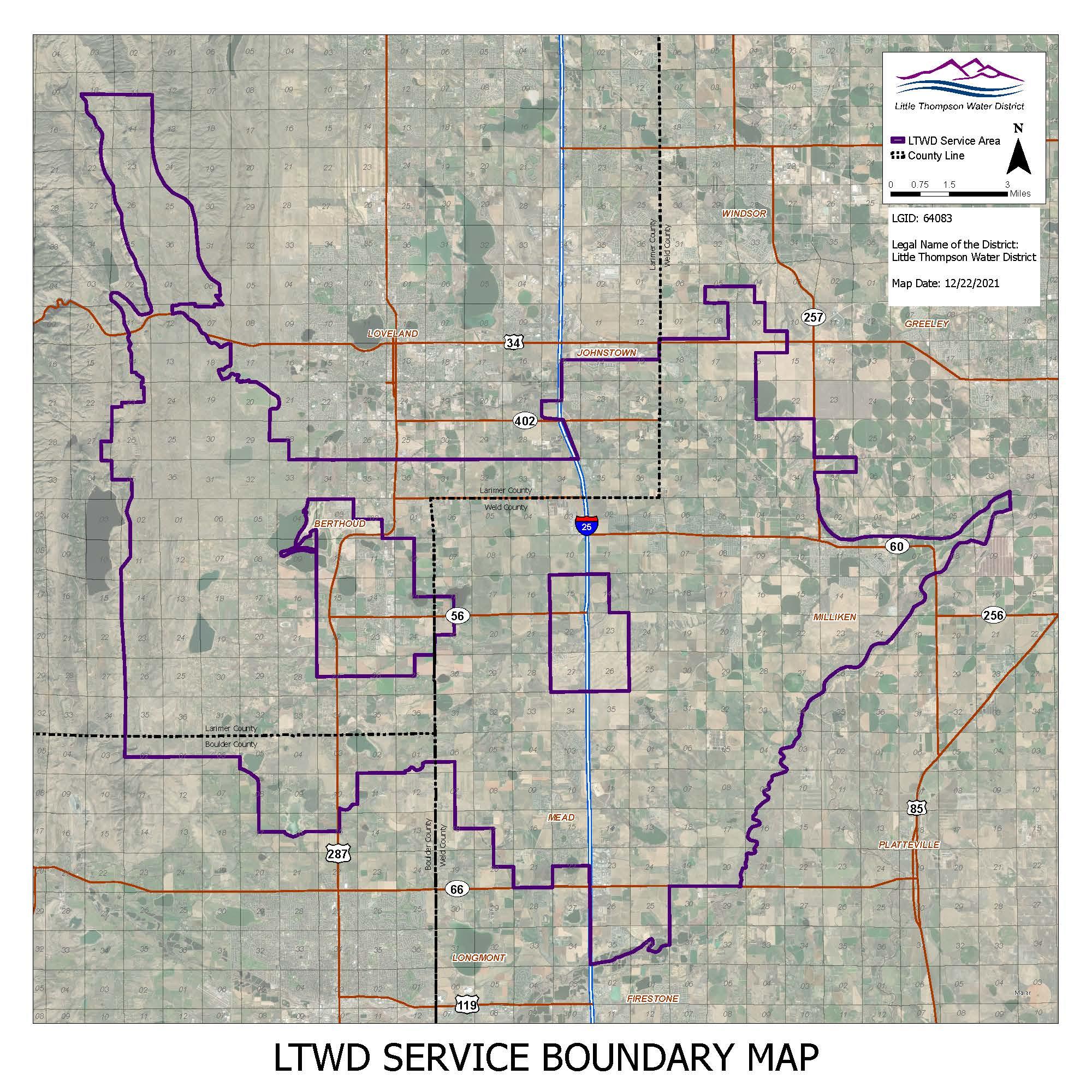 LTWD’s service area encompasses about 250-square-mile area in Larimer, Weld and Boulder counties. The service area generally is bounded by the City of Loveland on the north, Longs Peak Water District on the south, the City of Greeley, the South Platte and St. Vrain Rivers on the east, and the foothills on the west. It expanded to include the former Arkins Water Association in 2000 and the Town of Mead in 2002, as well as the Barefoot Lakes Subdivision in Firestone.